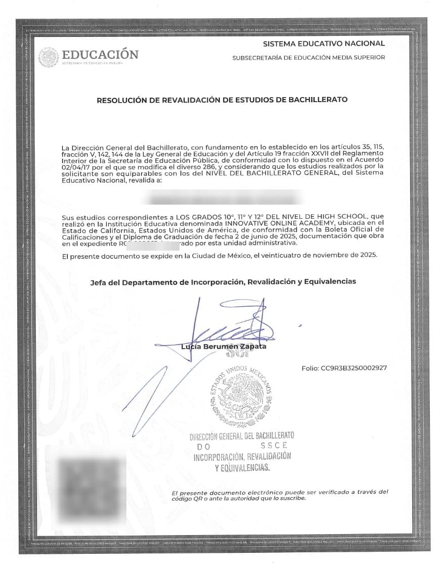 Resolución de Revalidación de Estudios de Bachillerato emitida por la SEP